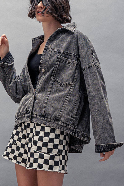 Oversized Button Up Pleated Back Western Jacket: Black