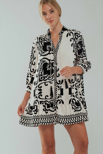 Floral Tassel Tie Tiered Dress: IVORY BLACK