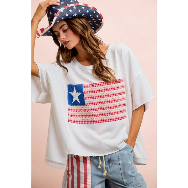 4TH OF JULY AMERICAN FLAG PATCHWORK SHORT TOP: OFF WHITE