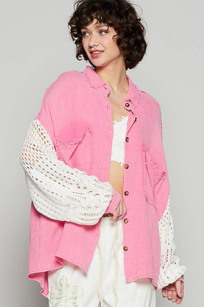 Contrast sweater sleeves chest pockets shirt CLOUD BLUE