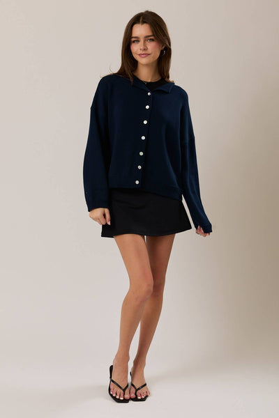 ROUND ROLLED HEMLINE DETAIL THIN SWEATER CARDIGAN: NAVY