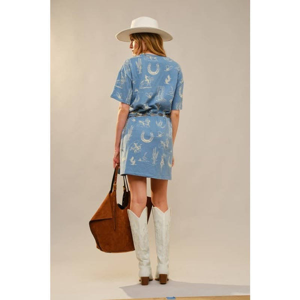 Western Printed Short Sleeve Shirts Dress: MEDIUM BLUE