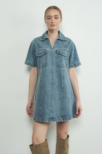DENIM PULL ON COLLAR MINI DRESS: MEDIUM WASH