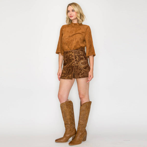 Bell sleeve camel suede top  