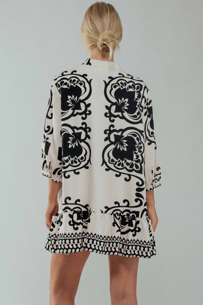 Floral Tassel Tie Tiered Dress: IVORY BLACK