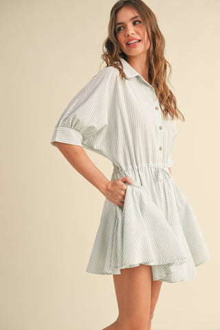 STRIPED PATTERN BUTTONDOWN SHIRT DRESS: SAGE STRIPE