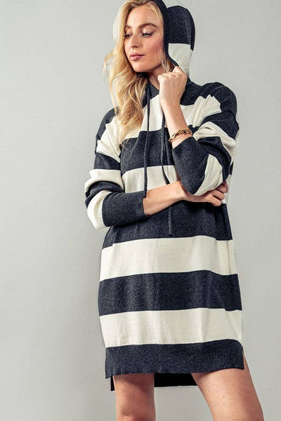 Snug and Striped Hooded Sweater Dress: CHARCOAL / S-2/M-2/L-2