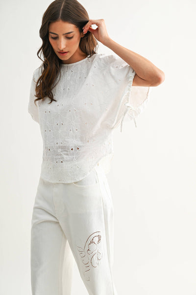 CJT26751 Embroidered White Cotton Blouse: OFF WHITE / S-M-L (3-2-1)