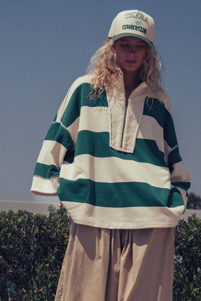 Oversized Half Zip Bold Stripe Statement Pullover Sweatshirt: CREAM GREEN