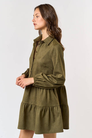 Button Up Tiered Babydoll Dress : Olive