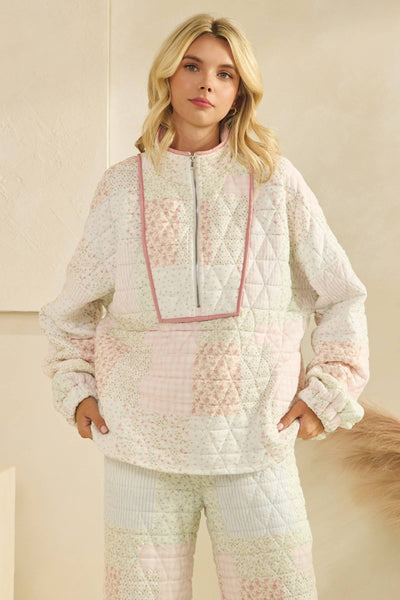Floral textured quarter zip: Pastel combo