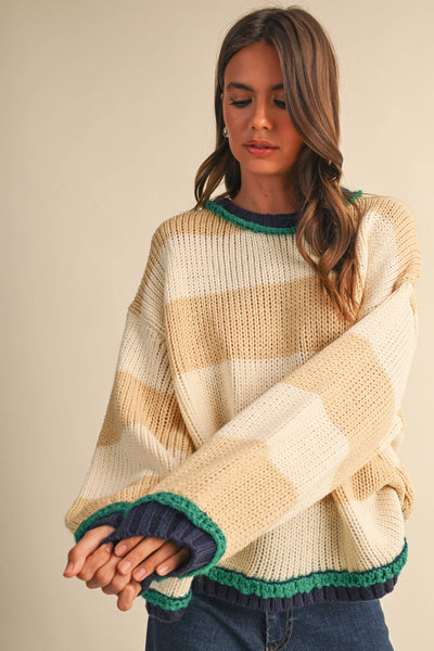 WIDE STRIPED SWEATER TOP: BEIGE MULTI