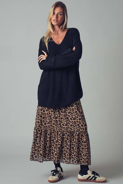 Oversized Knit V-Neck Sweater Tunic Top: Black