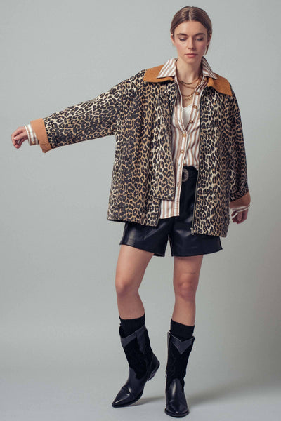 Corduroy Collar Leopard Print Jacket: LEOPARD