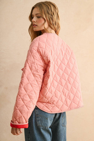 TIE FRONT QUILT JACKET: PINK
