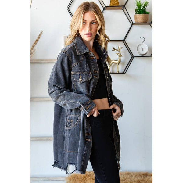 Distressed Denim Western Oversize Jacket: Black Wash