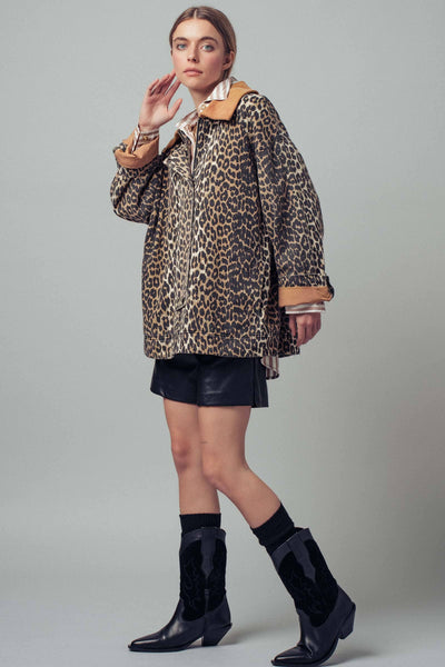 Corduroy Collar Leopard Print Jacket: LEOPARD