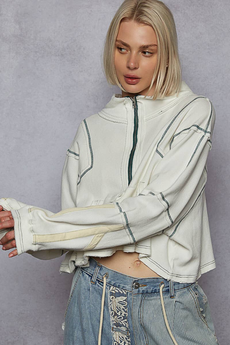 High neck zipper front long sleeve crop top
