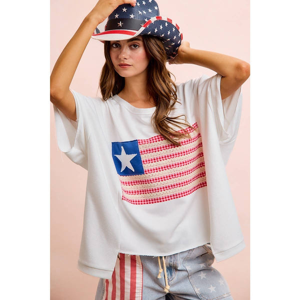 4TH OF JULY AMERICAN FLAG PATCHWORK SHORT TOP: OFF WHITE