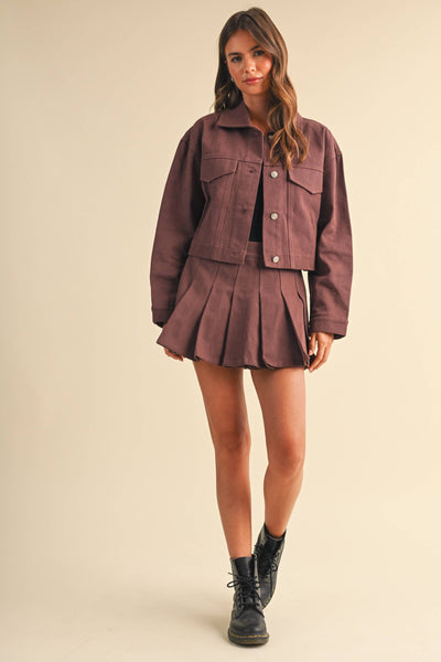 CROPPED TWILL JACKET WITH PLEATED FRONT SKORT SET: RED BEAN