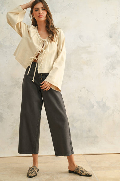 LINEN BLEN TIE FRONT CARDIGAN: Beige