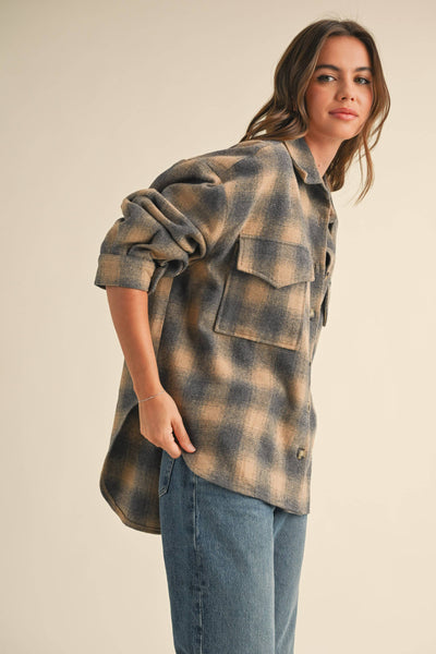 MIXED COLOR PLAID SHACKET: TAUPE