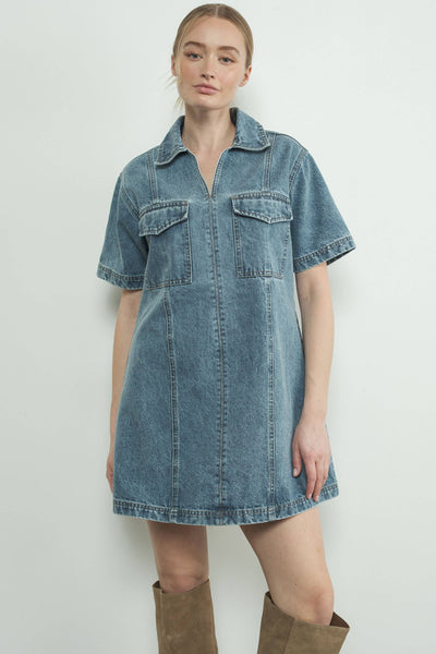 DENIM PULL ON COLLAR MINI DRESS: MEDIUM WASH