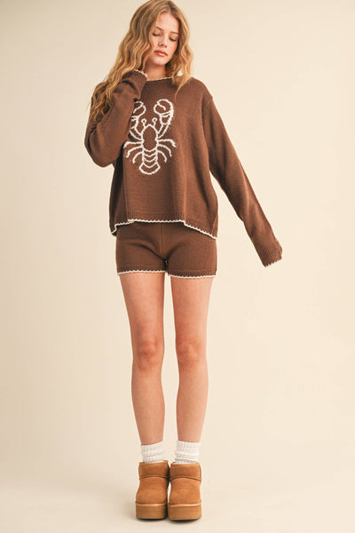 LOBSTER PRINTED KNIT TOP AND SHORTS SET: BROWN/CREAM