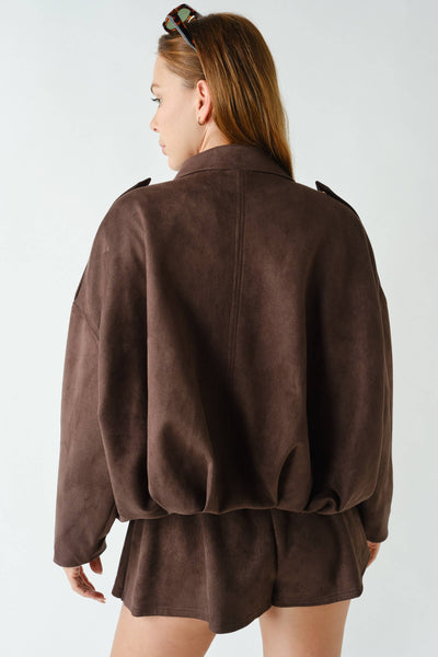 MOJAVE SUEDE-FINISH ZIP-FRONT JACKET: TRUFLE