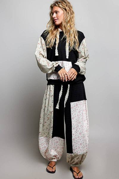 Boho Elastic Waistband Patchwork Balloon Wide Leg Pants :BLACK MULTI