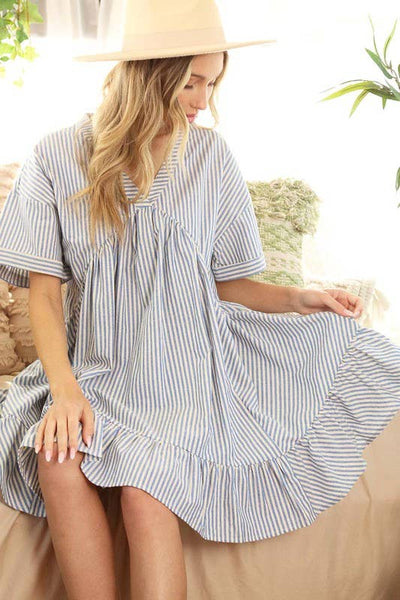 V-Neck Striped 100% Cotton Tiered Woven Dress VD81038: Taupe / M