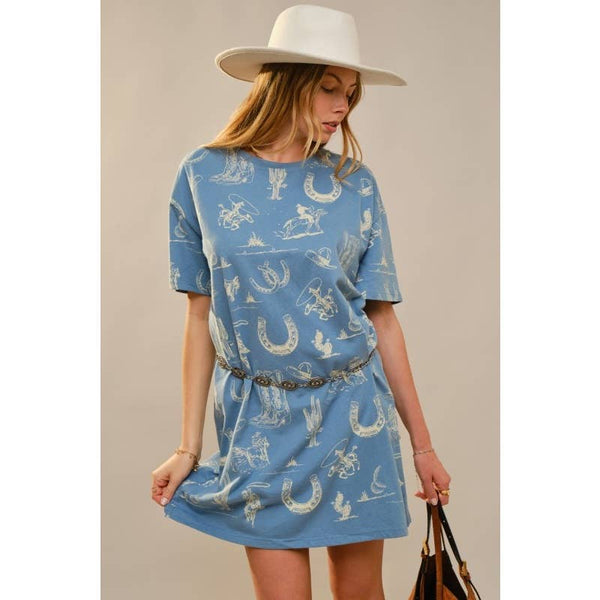 Western Printed Short Sleeve Shirts Dress: MEDIUM BLUE