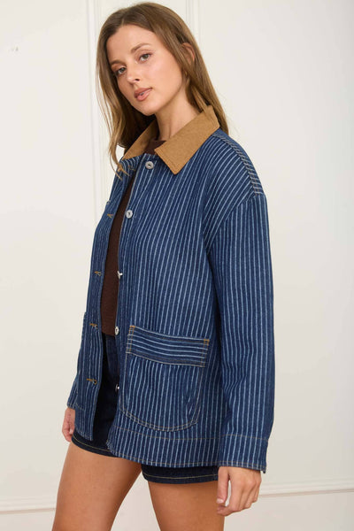 STRIPE CORDUROY COLLAR DENIM SHACKET: INDIGO