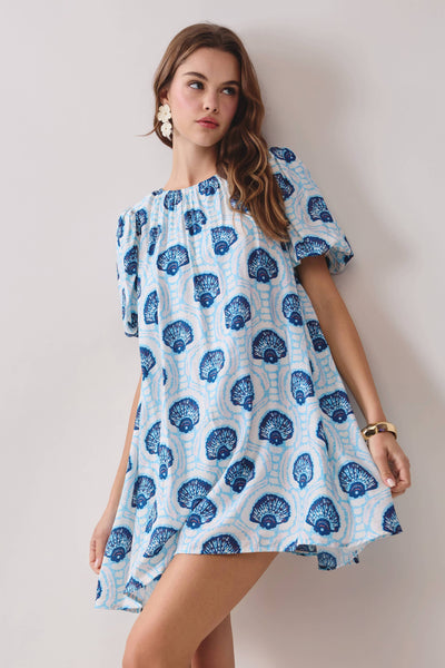 CD06808-Printed Relaxed Flowy Fit Puff Sleeves Dress: Blue / M
