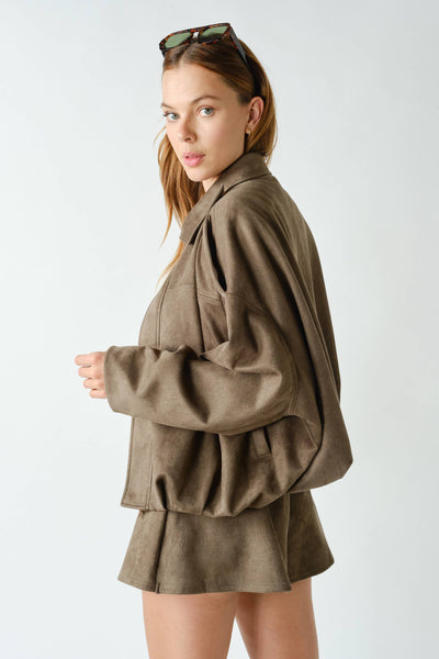 MOJAVE SUEDE-FINISH ZIP-FRONT JACKET: TRUFLE