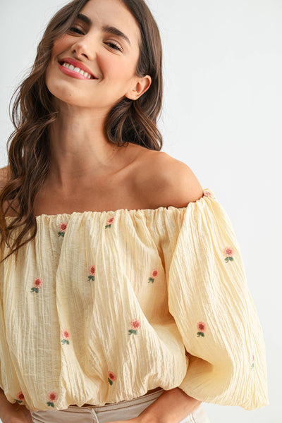 CJT27076 Off-Shoulder Floral Embroidered Blouse: LT.YELLOW / S-M-L (3-2-1)