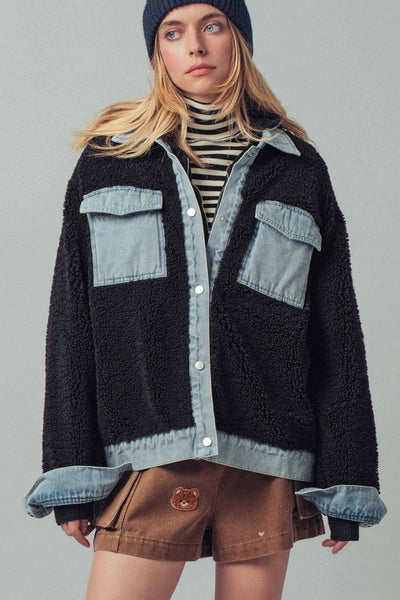 Denim Contrast Sherpa Mixed-Media Shacket: Black