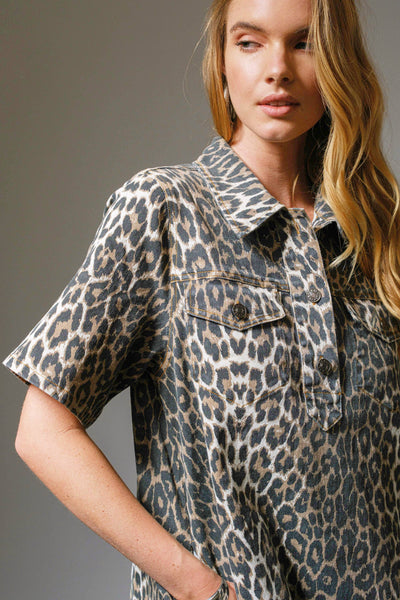 Leopard Print Button-Up Denim Dress: LEOPARD
