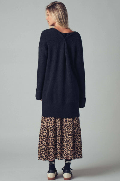 Oversized Knit V-Neck Sweater Tunic Top: Black