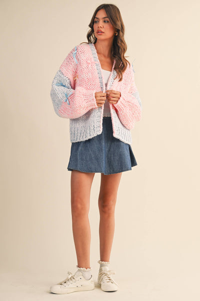 COLORBLOCK RIBBON DETAILED CHUNKY CARDIGAN: Pink