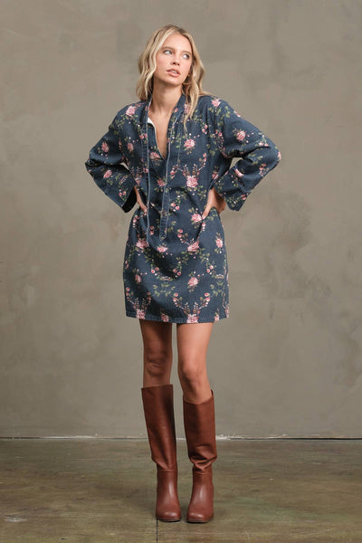 Floral Printed Denim Tunic Mini Dress - RD1201: BLOSSOM BLUE