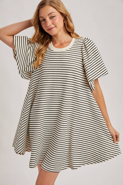 PUFF SLEEVES BILLOWY SILHOUETTE STRIPED DRESS: IVORY