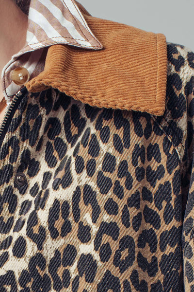 Corduroy Collar Leopard Print Jacket: LEOPARD