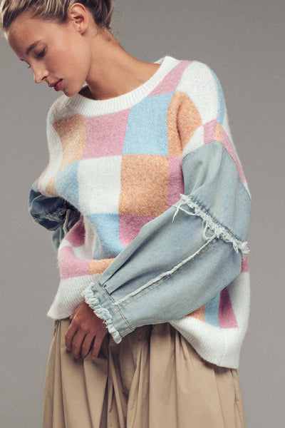 Checkered Knit with Denim Sleeves Crewneck Sweater: PINK COMBO