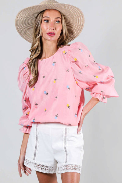Floral Embroidered Long Puff Organza Blouse Top