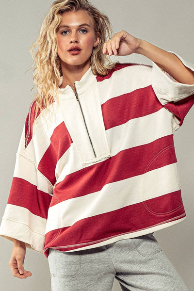 Oversized Half Zip Bold Stripe Statement Pullover Sweatshirt: CREAM BURGUNDY