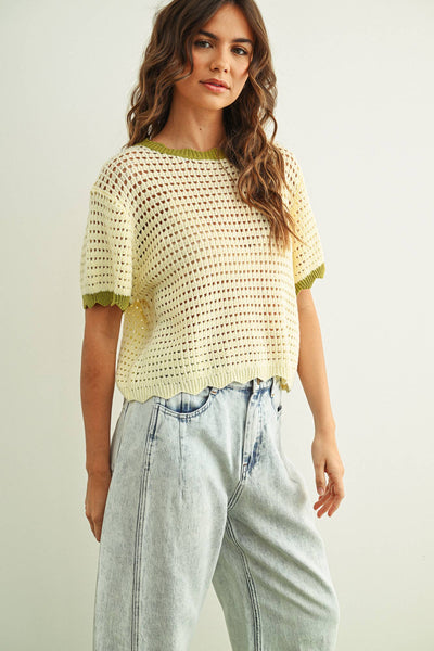 SCALLOPED DETAIL KNITTED TOP: CREAM/SAGE