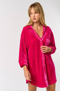 VELVET BUTTON UP COLLARED SHIRTS DRESS: HOT PINK