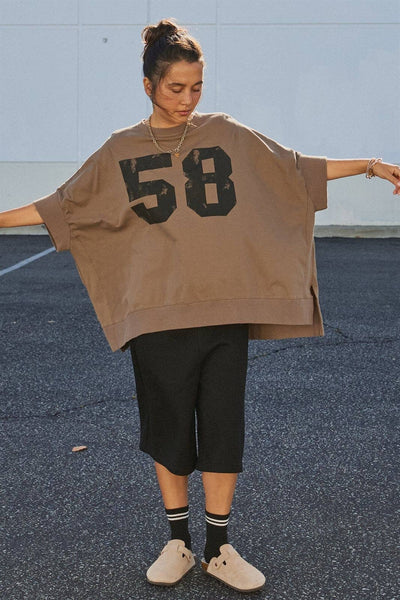 Retro Graphic Oversized French Terry Top: Brown / ONE SIZE