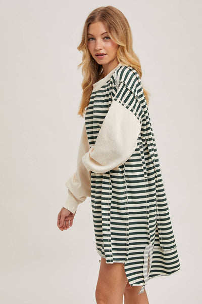 OVERSIZED CONTRAST STRIPE SWEATSHIRT DRESS: HUNTER GREEN
